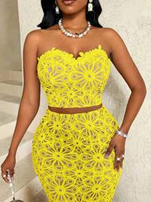 BamGleam 白色镂空水溶性魔术贴露肩上衣 - 黃色 - 查看 3