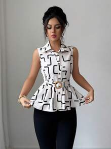Elenzga Fashionable New Geometric Pattern Sleeveless Waist Ruffle Hem Summer Elegant Resort Women Shirt - Multicolor - View 3