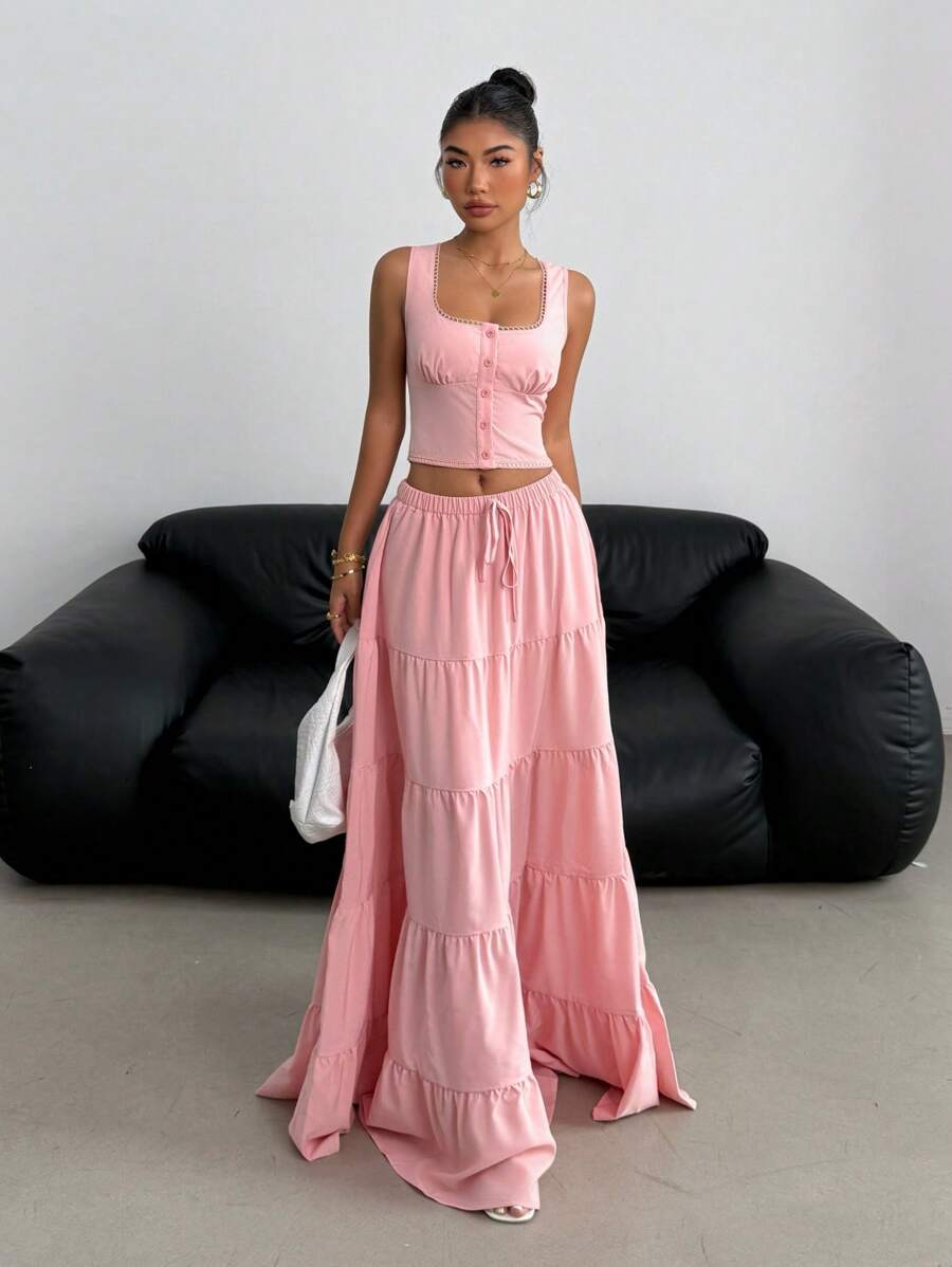 SHEIN EZwear 2pcs/Set Women Summer Casual Front Button Up Top And Ruffle Hem Skirt Set - Pink - View 1