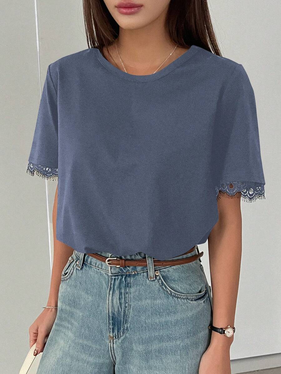 DAZY 女士撞色蕾丝超大短袖优雅 T 恤，商务休闲女式学院风上衣 - 霧霾藍 - 查看 1