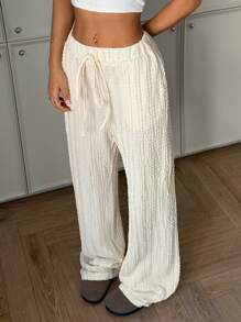 Chiquease Quần ống đứng sọc sóng co giãn màu trắng thông thường mùa xuân/hè cho nữ, đi chơi giản dị thanh lịch, nghỉ mát, đi học, các dịp gia đình, đa năng - trắng - Xem 3
