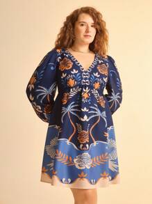 CAJUNI Váy ngắn chữ A dài tay cổ chữ V họa tiết hoa nhiệt đới, vẹt và cây dừa cỡ lớn cho kỳ nghỉ dành cho nữ, phong cách kỳ nghỉ - Nhiều màu - Xem 3