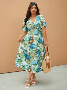 Elaquor 优雅V领收腰休闲大码连衣裙 - 彩色 - 查看 3