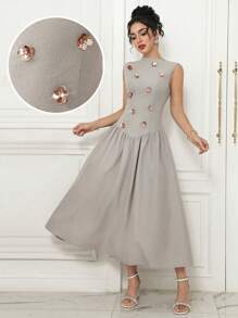 Modelyn Women's Elegant Floral 3D Sleeveless Waist Cinched Dress - Khaki - View 1