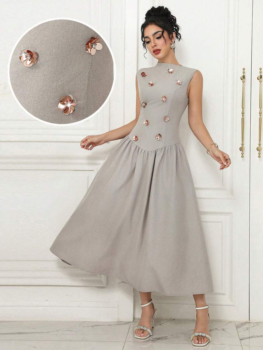 Modelyn Women's Elegant Floral 3D Sleeveless Waist Cinched Dress - Khaki - View 1