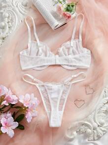 SHEIN 2件套女士蕾丝花边印花文胸和内裤内衣套装 - 白色 - 查看 2