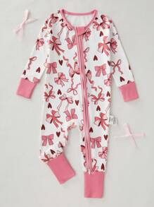 婴幼儿女孩粉色蝴蝶结印花长袖拉链前开襟连体无脚连体衣家居服，舒适贴身