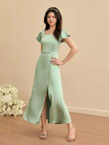 SHEIN Teen Girl Elegant Simple Square Neck Short Sleeve High Waist Slim Fit Long Dress With Slit, Satin Shiny Fabric, Green Color, High-End Teenage Girl Graduation/Wedding Flower Girl Dress