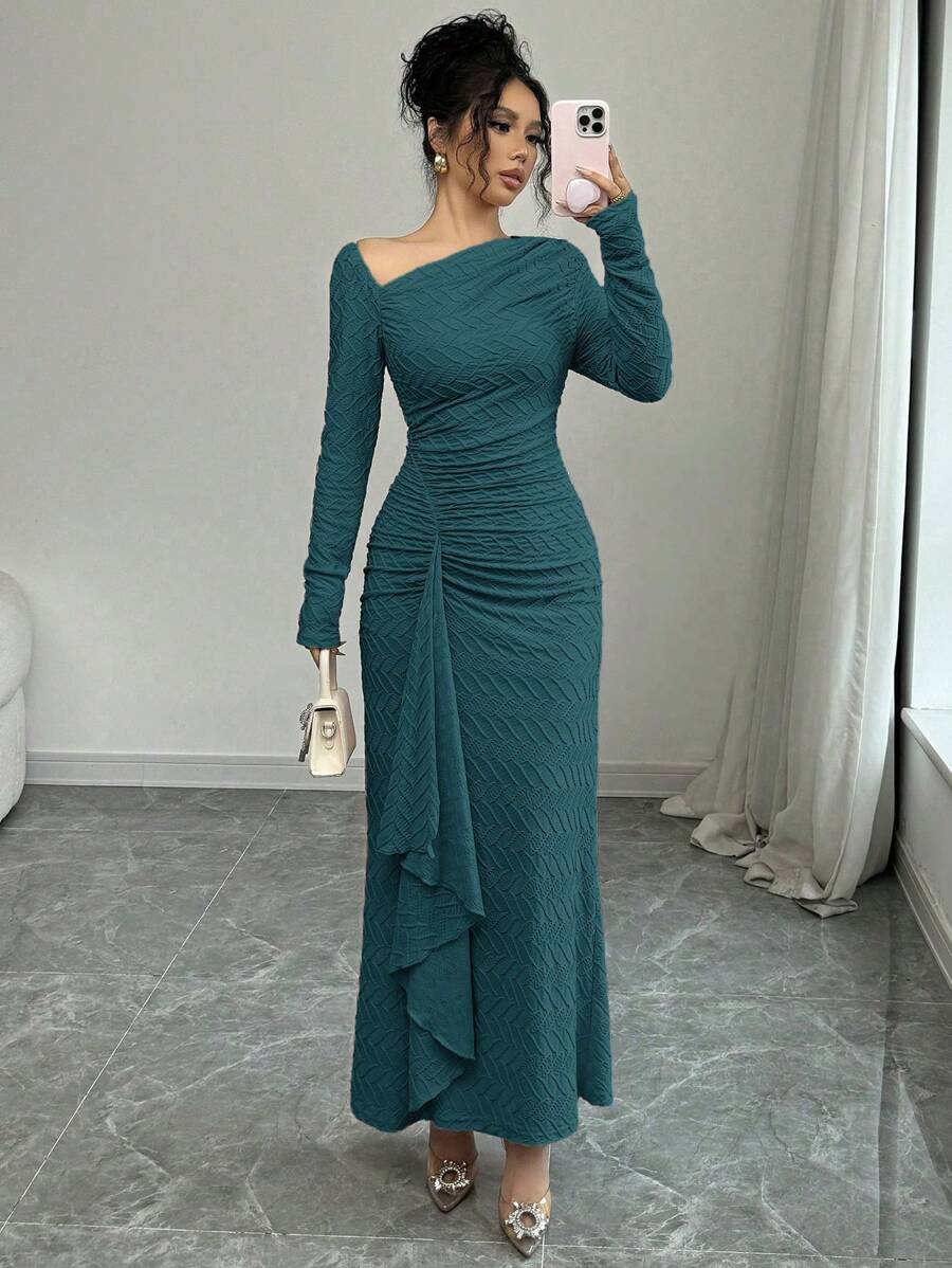 Elenzga 女士优雅时尚办公室淑女魅力长袖不对称领抽绳腰部褶皱下摆纯色纹理针织长裙 - 水鴨藍 - 查看 1