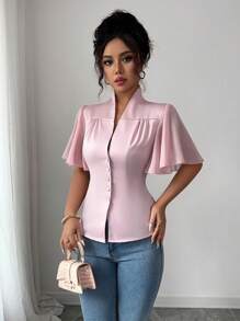 Selianne Elegant Vacation Romantic Commute Oversized Ruffled Sleeve Chiffon Flowy Sleeve Satin Blouse For Women - Pink - View 4