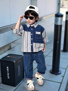 SHEIN 2 件套年轻男孩条纹印花长袖衬衫和裤子，时尚夏季服装 - 藍色 - 查看 3