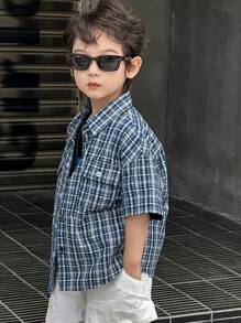 DAZY Young Boys' Plaid Print Button-Down Short Sleeve Shirts, Summer - Blue - View 3