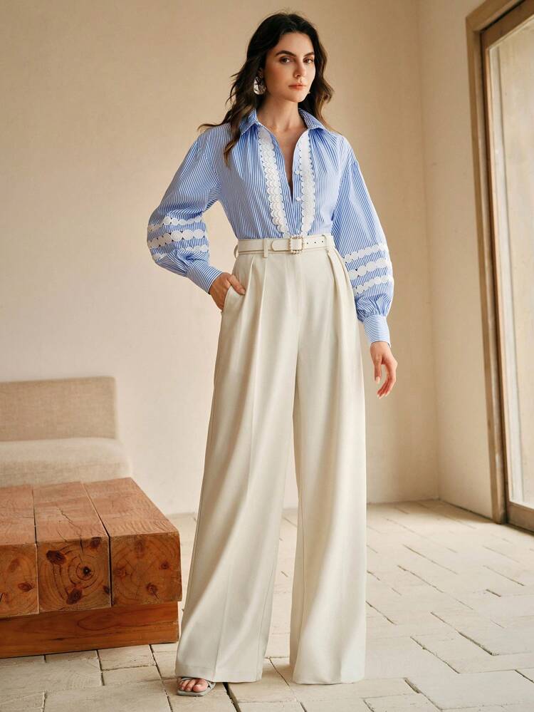 Women's Blue Striped Woven Fabric Long Sleeve Blouse With Contrast Lace Detail And Shirt Collar