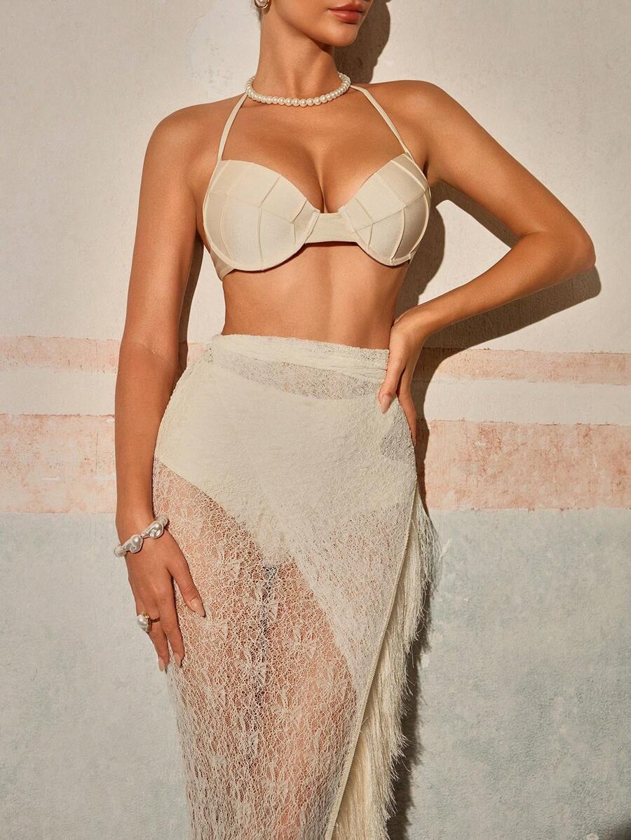 Swim Oasis 3 件套女士优质纯色加厚聚拢文胸、高腰泳裤和不对称流苏泳裙套装 - 米色 - 查看 1