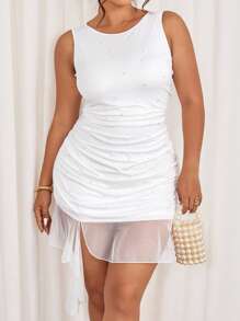 Elenzga White Crew Neck Sleeveless Bubble Pearl Fitted Elegant Dress For Women - White - View 6