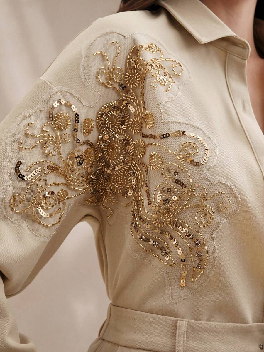 Anewsta 2 Pieces Set Women Spring Summer Chic Gold Sequins Beaded Shirt And Trousers - Khaki - View 1