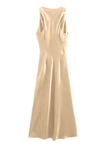 Women's Elegant Dress With Ruched Waist Design - Champagne - View 2
