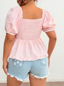 Flirla Plus Size Plaid Print Short Sleeve Shirt - Pink - View 2