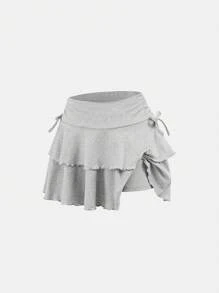 SHEIN Girlism 青少年女孩休闲纯色抽绳腰部卷边针织迷你裙