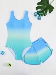 SHEIN 2件套可爱渐变女童连体泳衣和短裤套装（印花版）