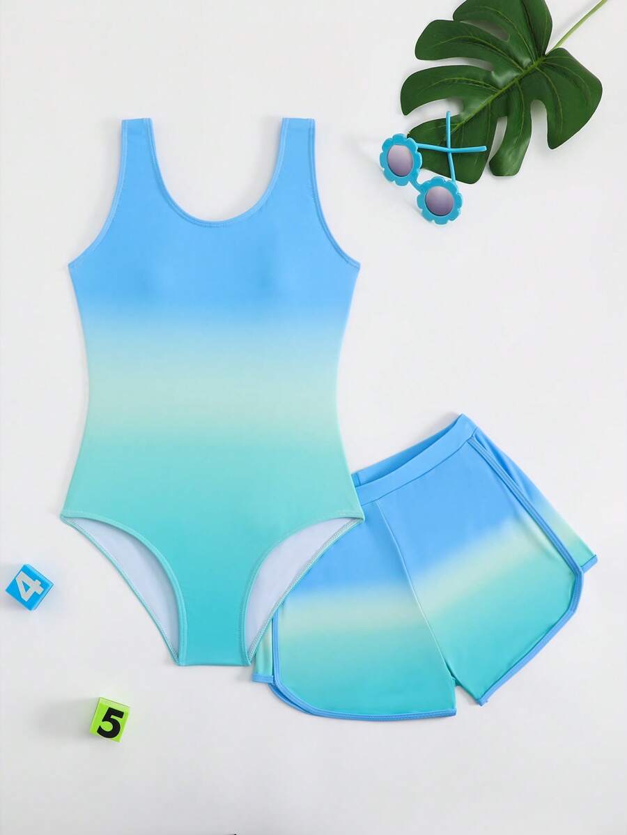 SHEIN 2件套可爱渐变女童连体泳衣和短裤套装（印花版）