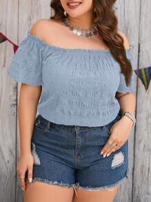 SHEIN Clasi Plus Size Women Off Shoulder Ruffle Short Sleeve Blouse, Vacation Style - Baby Blue - View 4