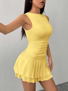 SHEIN PETITE 夏秋冬打底纯黄色无袖紧身聚拢迷你双层百褶女装连衣裙 - 芥末黃 - 查看 5