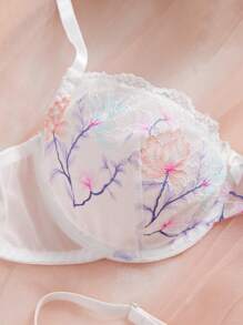 SHEIN 2件套女士蕾丝花边印花文胸和内裤内衣套装 - 白色 - 查看 5