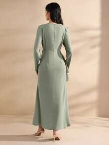 Graceveil Crew Neck Chiffon Patchwork Fitted Ruffled Hem Dress For Women Fall Cloth For Women - Green - View 2