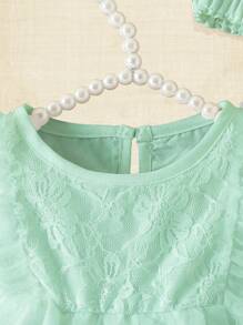 SHEIN Neugeborenen Baby Mädchen einfarbiges Spitze Patchwork Tüllkleid - Grün - Übersicht 4