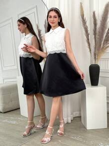 Teenage Girl Contrast Lace Contrast Color Sleeveless Fashion Dress - Black - View 4