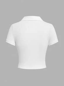SHEIN EZwear Women's Casual White Polo Collar Embroidered Equestrian Short Sleeve T-Shirt - White - View 2