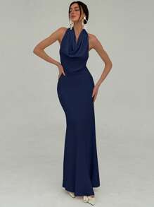 Aloruh Vestido de dama minimalista de cuello alto ajustado con forma de H sin espalda para ir al trabajo