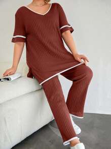 RueChic Cotton Plus Contrast Binding V Neck Short Sleeve T-Shirt+Pull On Pants 2 Pc Set - Redwood - View 1