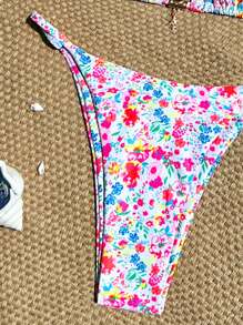 Swim Vcay 2-teiliges Set, neues, hochgeschnittenes Bikini-Bademode-Set mit Blumenmuster und seitlichem Knoten, Strandurlaubs-Bademode für Damen