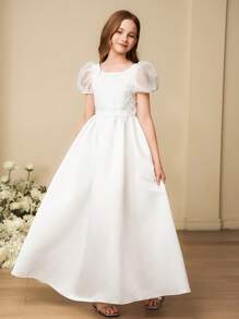 Tween Girl 优雅白色蝴蝶结方领中长款派对礼服，适合晚会、庆典、生日、婚礼、花童、圣诞节、万圣节、感恩节 - 白色 - 查看 1