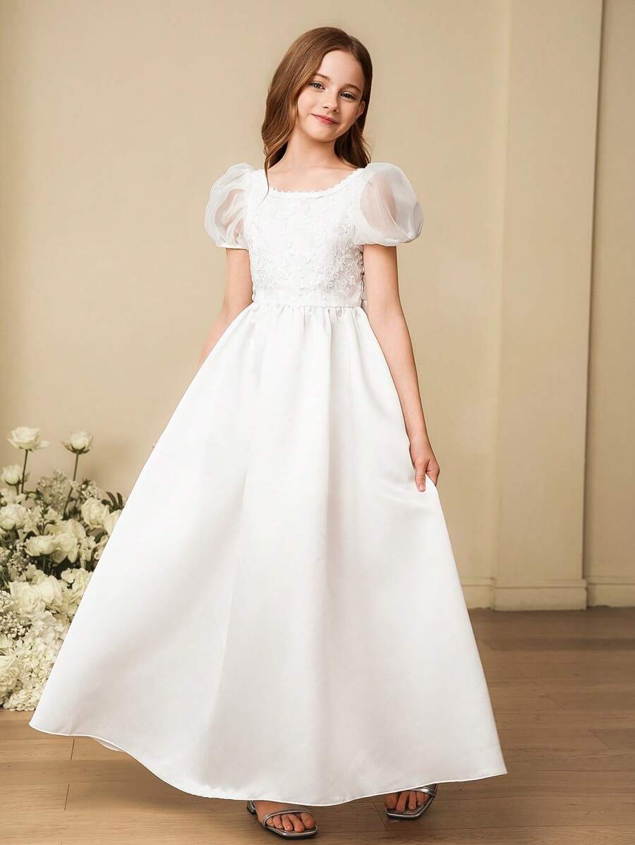 Tween Girl 优雅白色蝴蝶结方领中长款派对礼服，适合晚会、庆典、生日、婚礼、花童、圣诞节、万圣节、感恩节 - 白色 - 查看 1