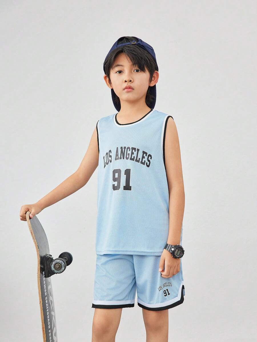 SHEIN Tween Boys' Casual Color Block Sleeveless Letter Print Vest And Shorts Set