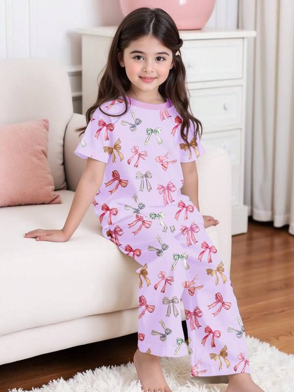 SHEIN Young Girls Casual Basic Fitted Round Neck Short Sleeve Pajama Set, Suitable For Summer