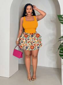 Veslaya 2 件大码女式夏季休闲度假装：修身无袖背心和宽松多层荷叶边热带植物与动物印花短裤套装，女士度假装，2 件夏季服装适合外出秋装 - 彩色 - 查看 3