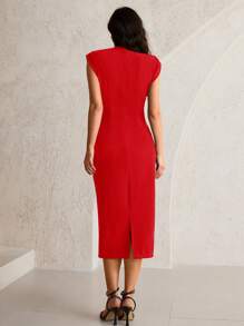 MaterniWear Đầm bầu màu trơn cổ đứng thanh lịch mùa hè - Đỏ - Xem 2