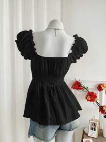 Sweetra 甜美女性蝴蝶袖口短袖雪纺衬衫，适合夏季穿着 - 黑色 - 查看 2