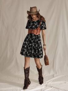 Wildy American Western Rustic Vacation Vintage Cotton Embroidery Puff Sleeve Green Short Dress Bohemian  Vacation Outfits Women Vintage Country Cowboy Woman S Summer Clothes