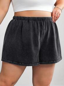 SHEIN CURVE+ 3 件套大码女式做旧复古针织街头服饰，抽绳腰部休闲短裤，春夏季、节日和音乐会，西式夏季/乡村/海滩度假/海滩/沙滩装