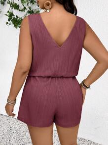 SHEIN Frenchy Plus Size Women's Casual Solid Color Tie Waist Romper, Summer - Dusty Purple - View 2