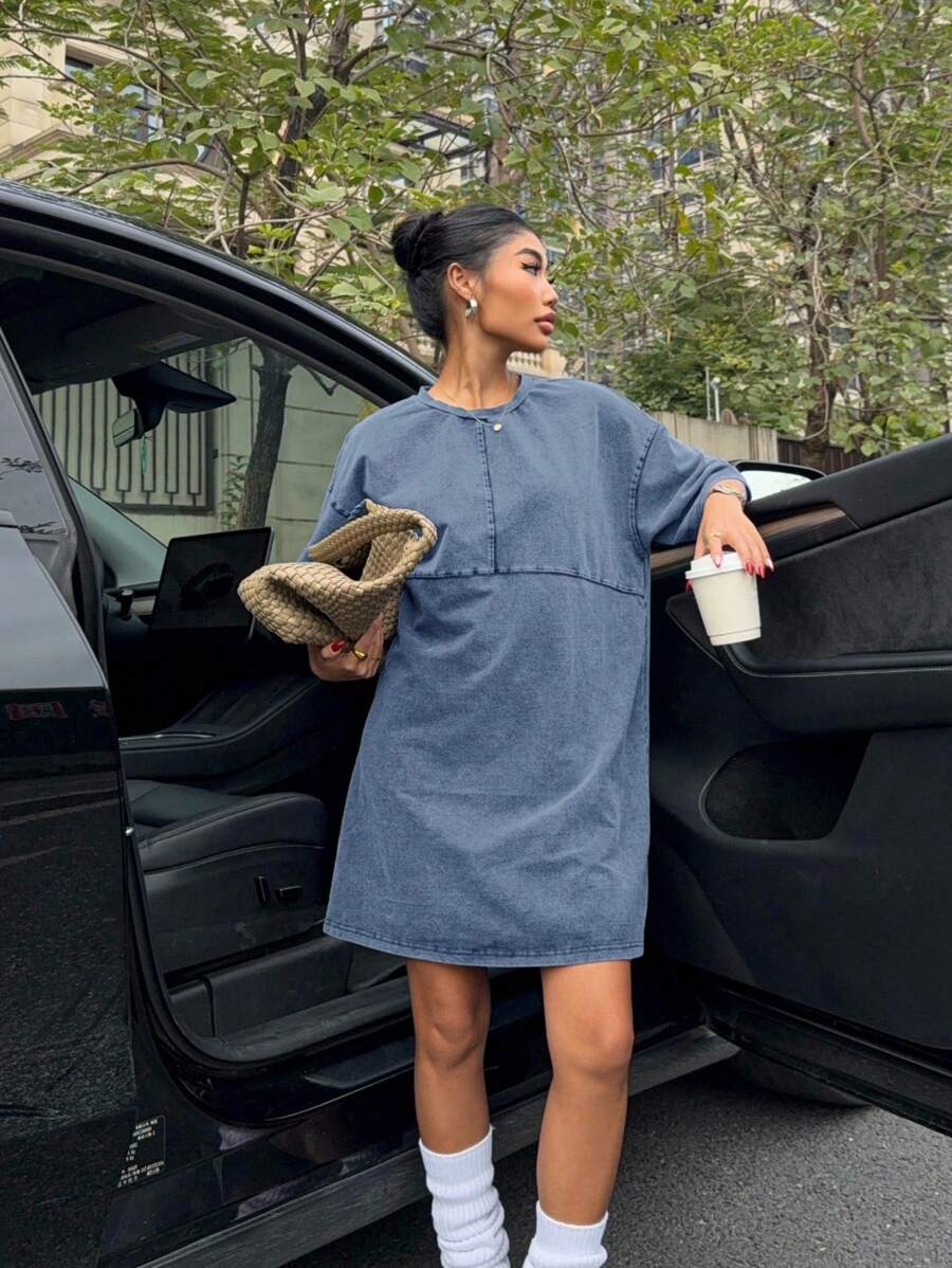 SHEIN EZwear 蓝色短袖圆领休闲大码连衣裙 - 藍色 - 查看 1