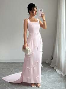 Chiquease Women's Elegant Square Neck Sleeveless Maxi Dress With Bow Decor - Pink - View 4