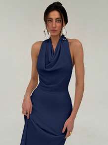 Aloruh Vestido de dama minimalista de cuello alto ajustado con forma de H sin espalda para ir al trabajo