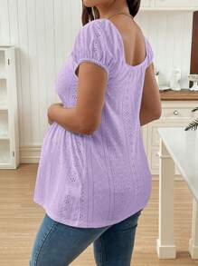 Lyckli Camiseta de mujer embarazada de cuello cuadrado, manga raglán y textura de jacquard con fruncido en unicolor - Morado - Ver 2