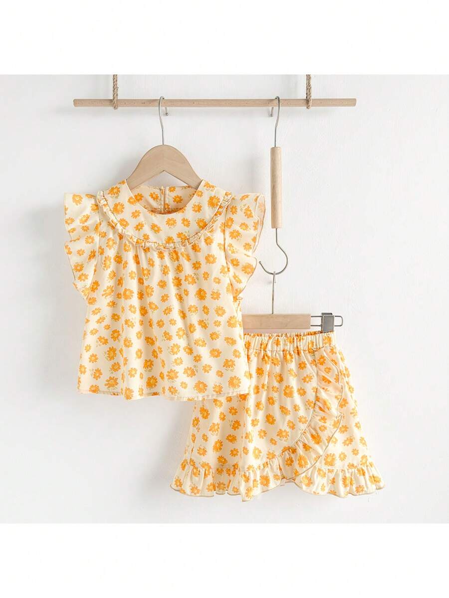 Loomiva Young Girls Ditsy Floral Ruffle Short Sleeve Top And Ruffle Hem Skirt 2pcs Sets, Spring/Summer